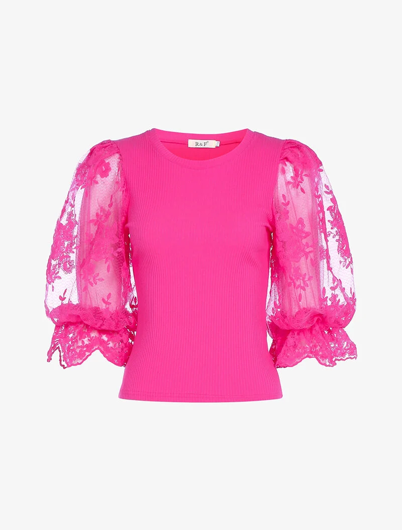 Kurzes Oberteil mit Puffärmeln - Fuchsie