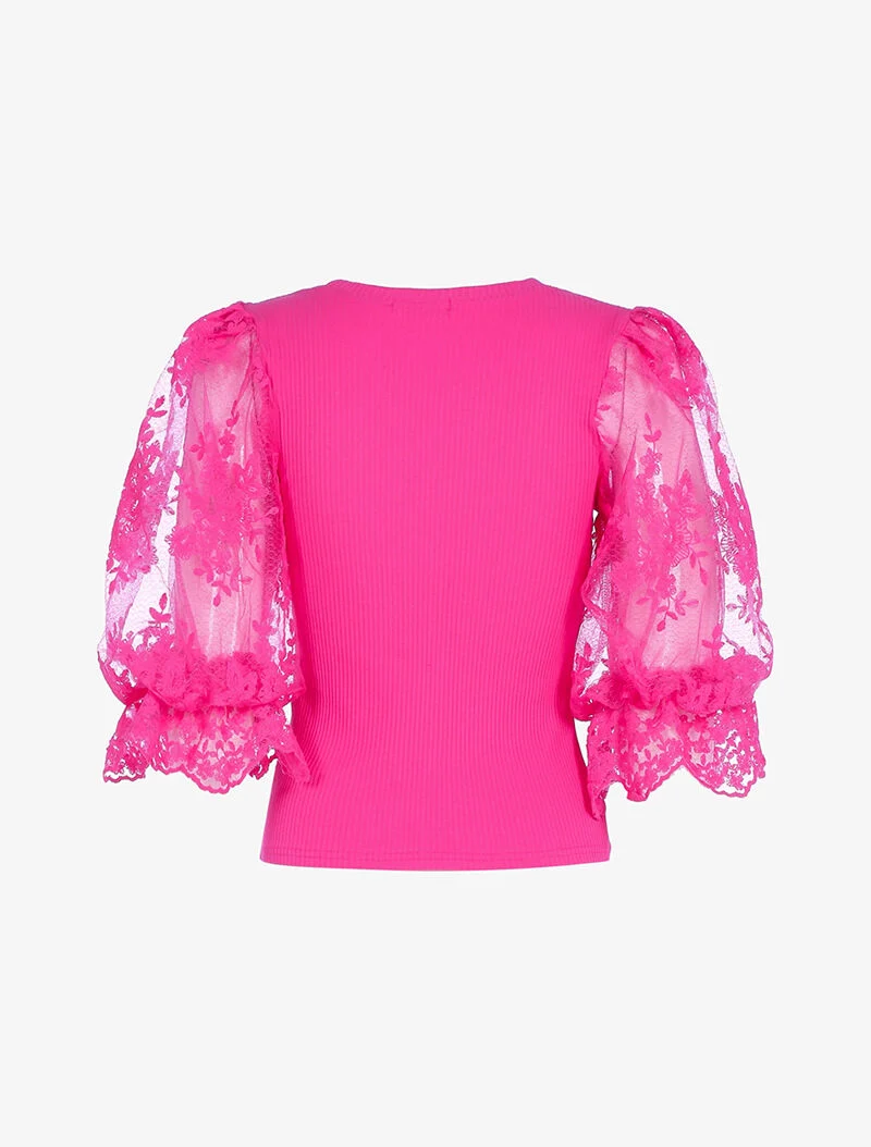 Kurzes Oberteil mit Puffärmeln - Fuchsie