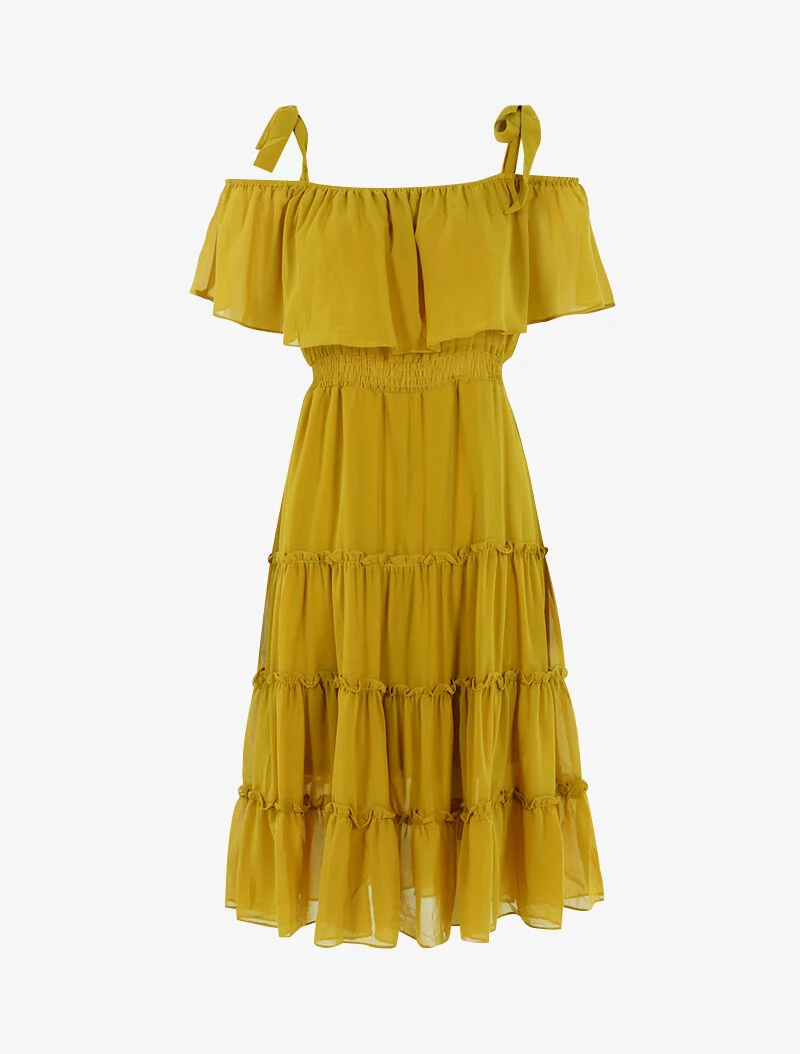 Schulterfreies Kleid mit Rüschen - gelb