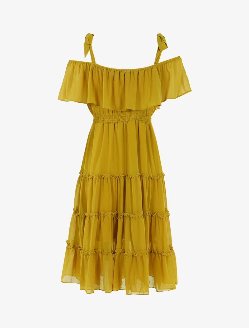 Schulterfreies Kleid mit Rüschen - gelb