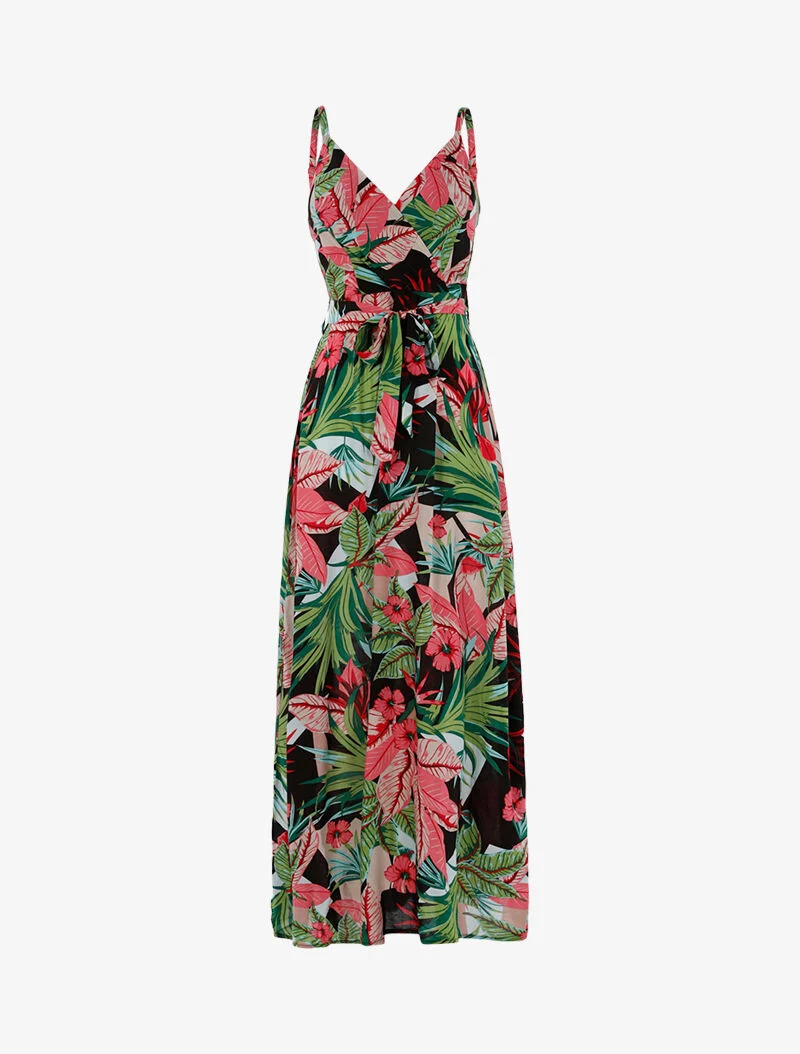 Langes Kleid mit tropischem Print - schwarz