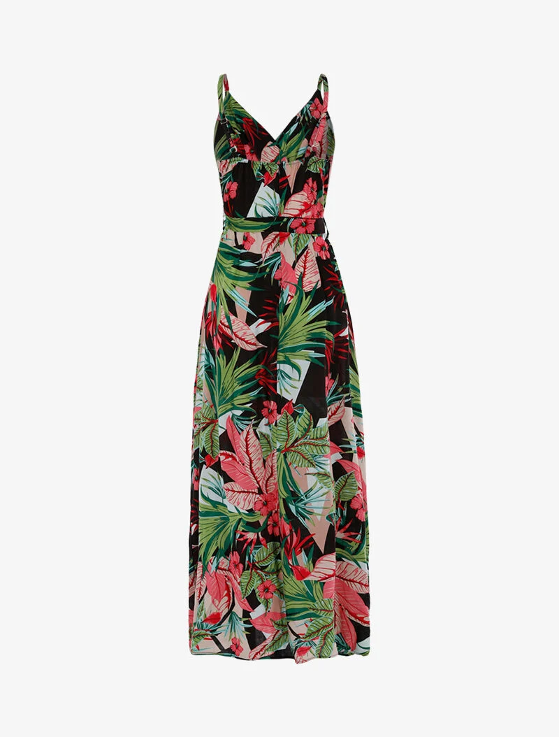 Langes Kleid mit tropischem Print - schwarz