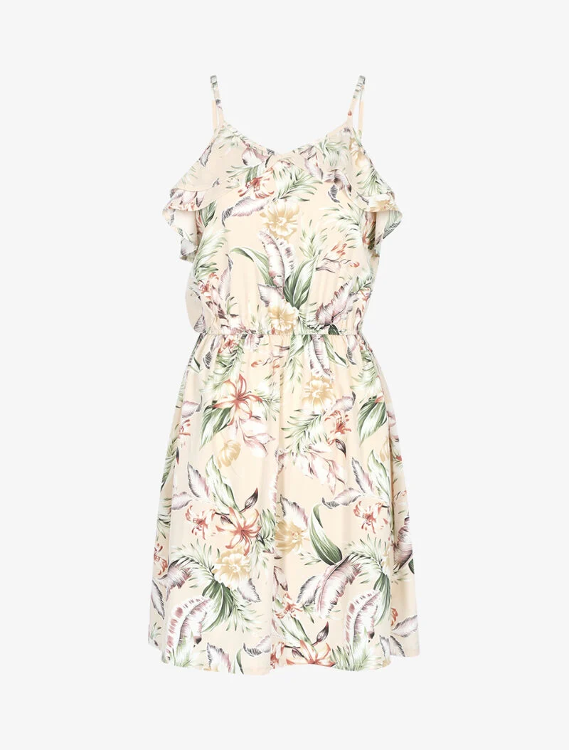 Kleid mit Druck und Rüschenkragen - beige