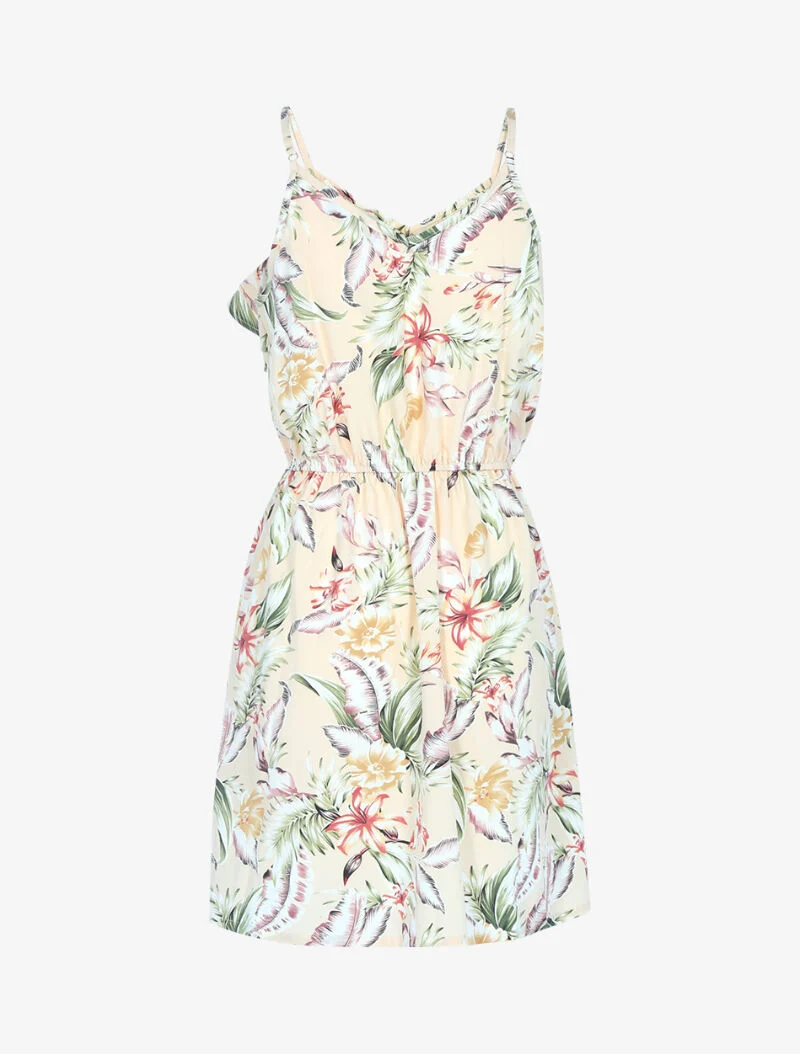 Kleid mit Druck und Rüschenkragen - beige