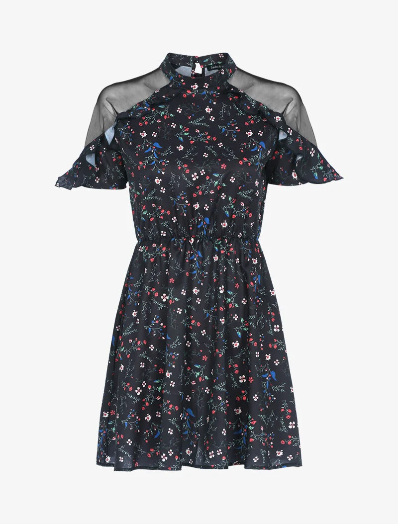 Geblümtes Kleid mit freien Schultern - schwarz