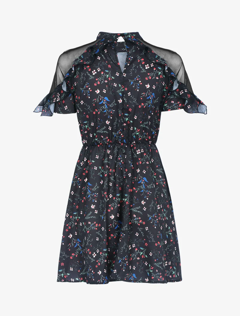 Geblümtes Kleid mit freien Schultern - schwarz