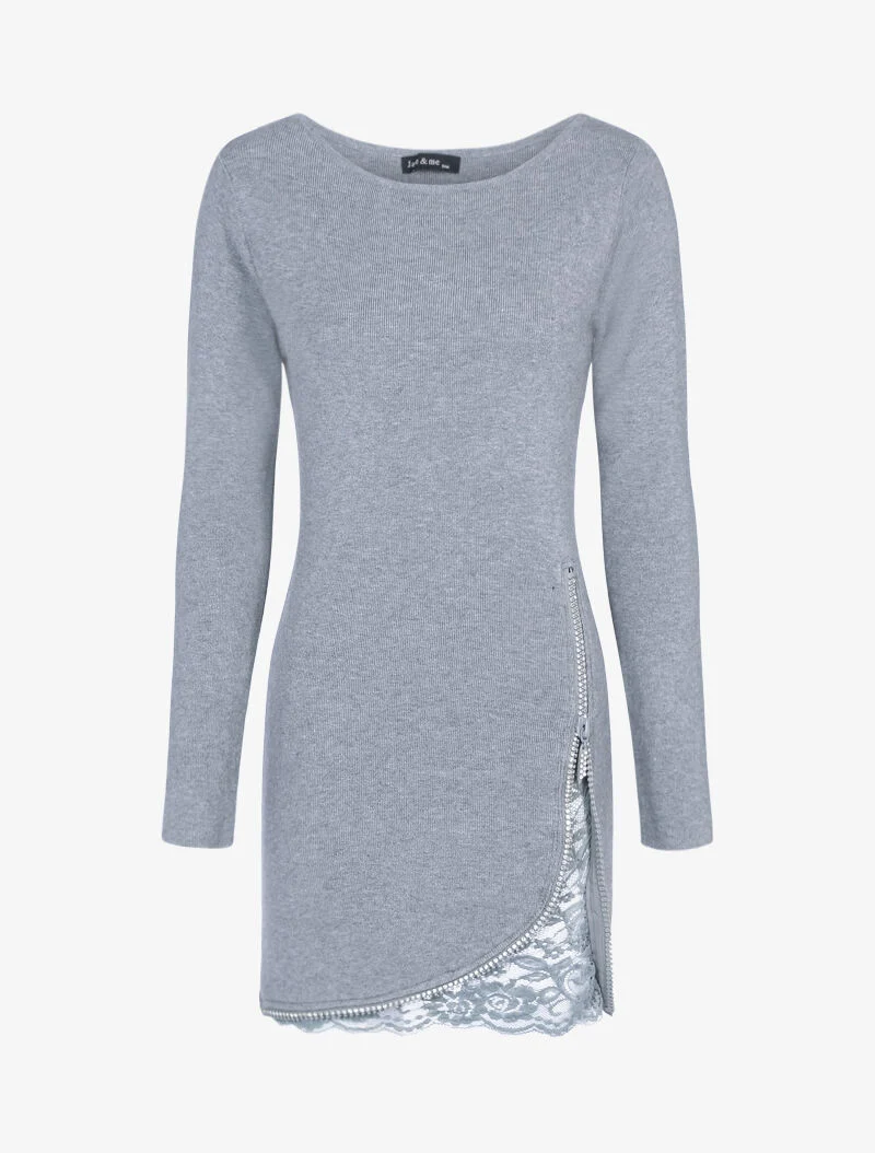 Strickkleid mit Strassreißverschluss und Spitze - Hellgrau