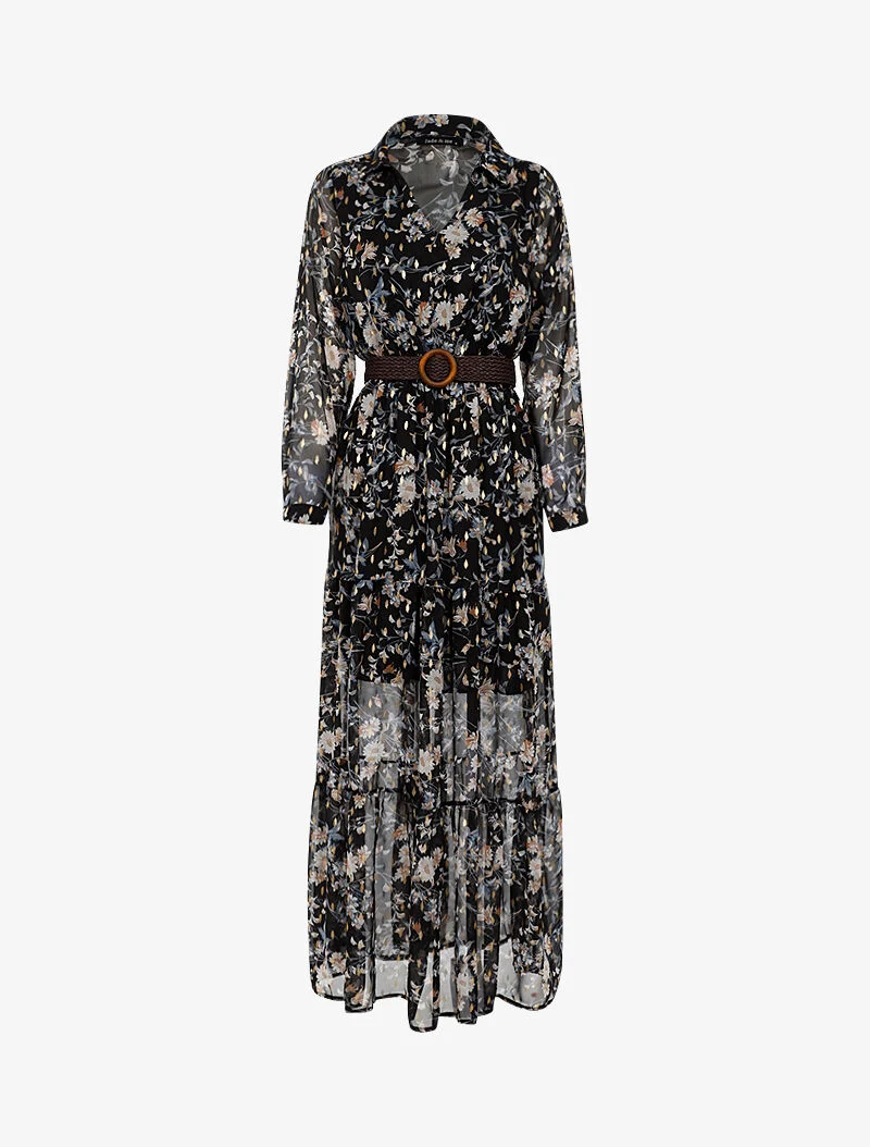Böhmisches Kleid mit weißen Blumenmuster - schwarz