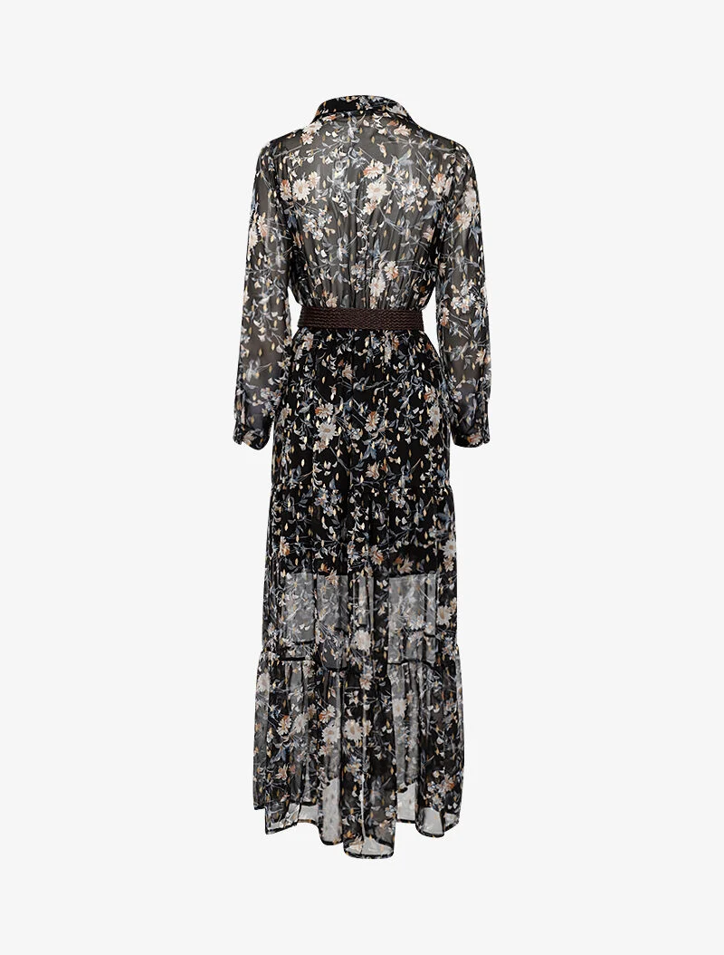 Böhmisches Kleid mit weißen Blumenmuster - schwarz