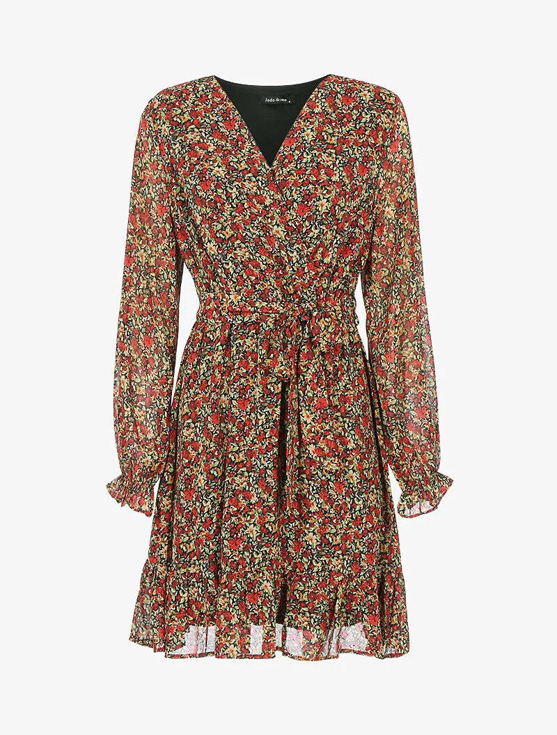 Streifenkleid mit schimmernden und kleinen Blumen - Rot