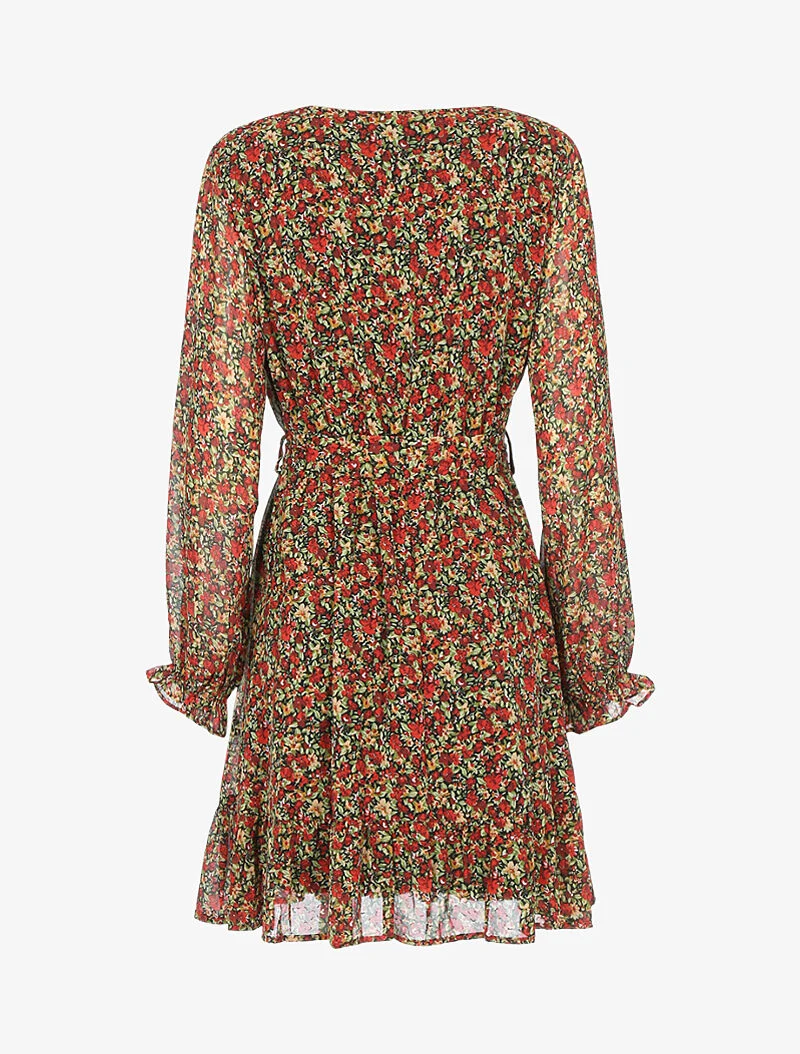 Streifenkleid mit schimmernden und kleinen Blumen - Rot