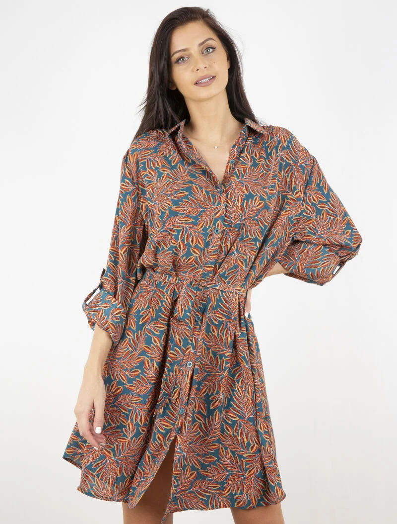 Hemdblusenkleid mit Blattdruck - Türkis