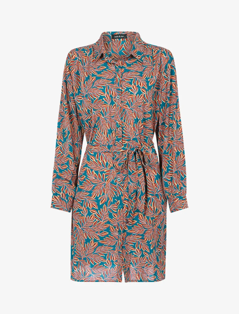 Hemdblusenkleid mit Blattdruck - Türkis