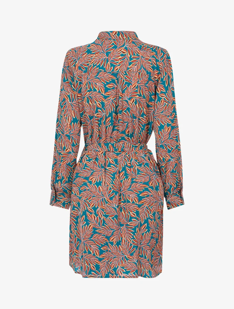Hemdblusenkleid mit Blattdruck - Türkis