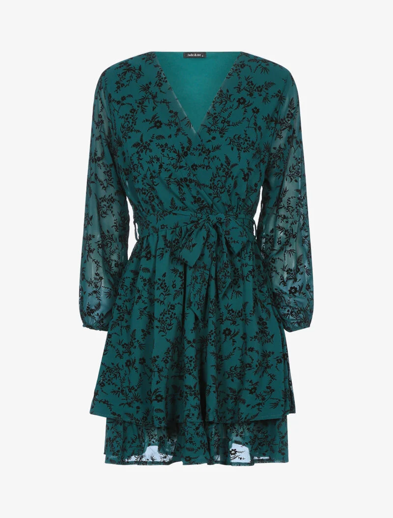 Skaterkleid aus Samt mit Blumenmuster - Dunkelgrün