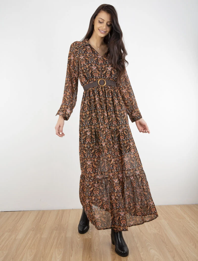 Leichtes langes Kleid mit Barockmuster und Schößchen - schwarz
