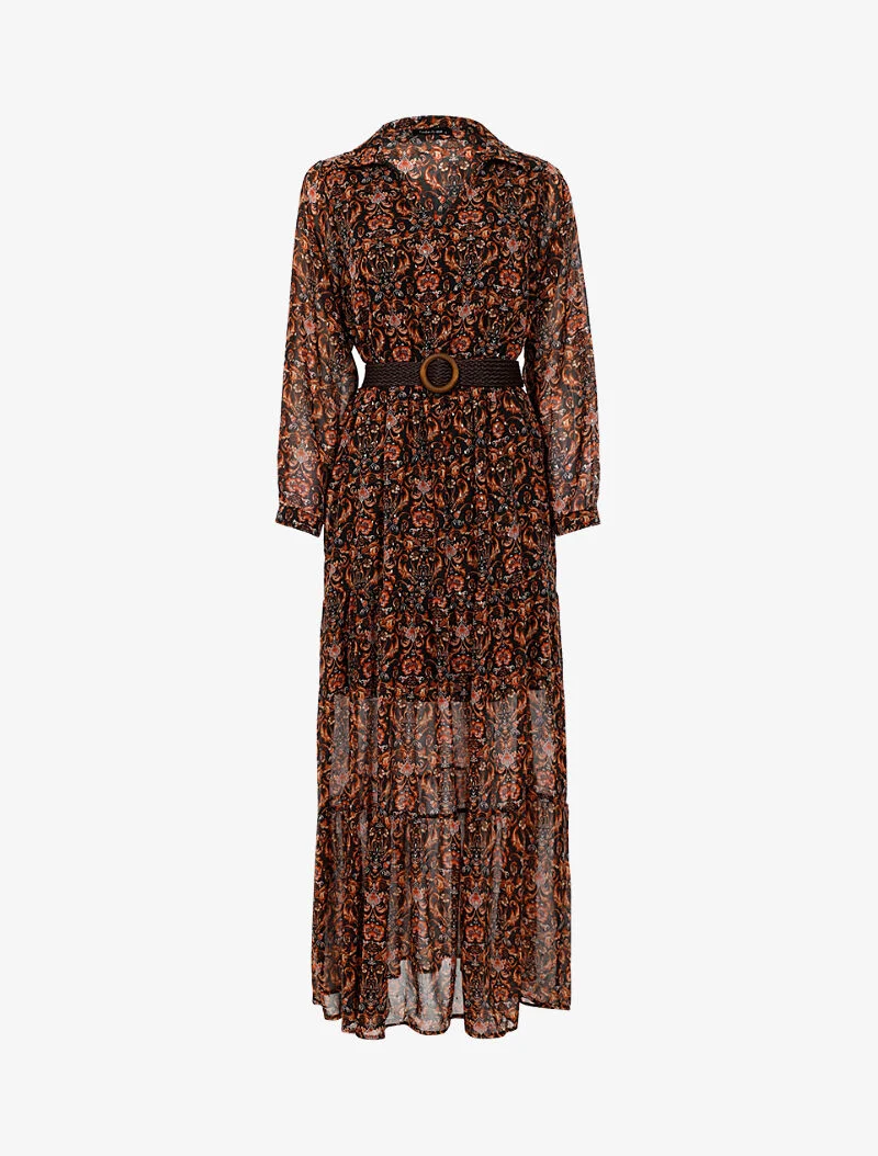 Leichtes langes Kleid mit Barockmuster und Schößchen - schwarz