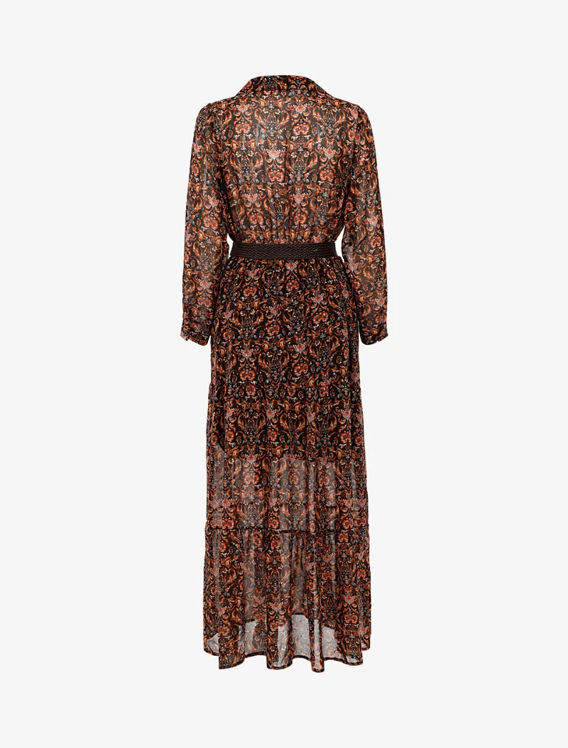 Leichtes langes Kleid mit Barockmuster und Schößchen - schwarz