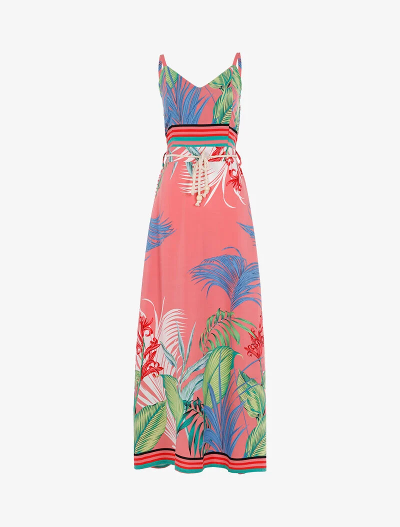 Kleid mit Blattdruck und gestreiften Details - Rose