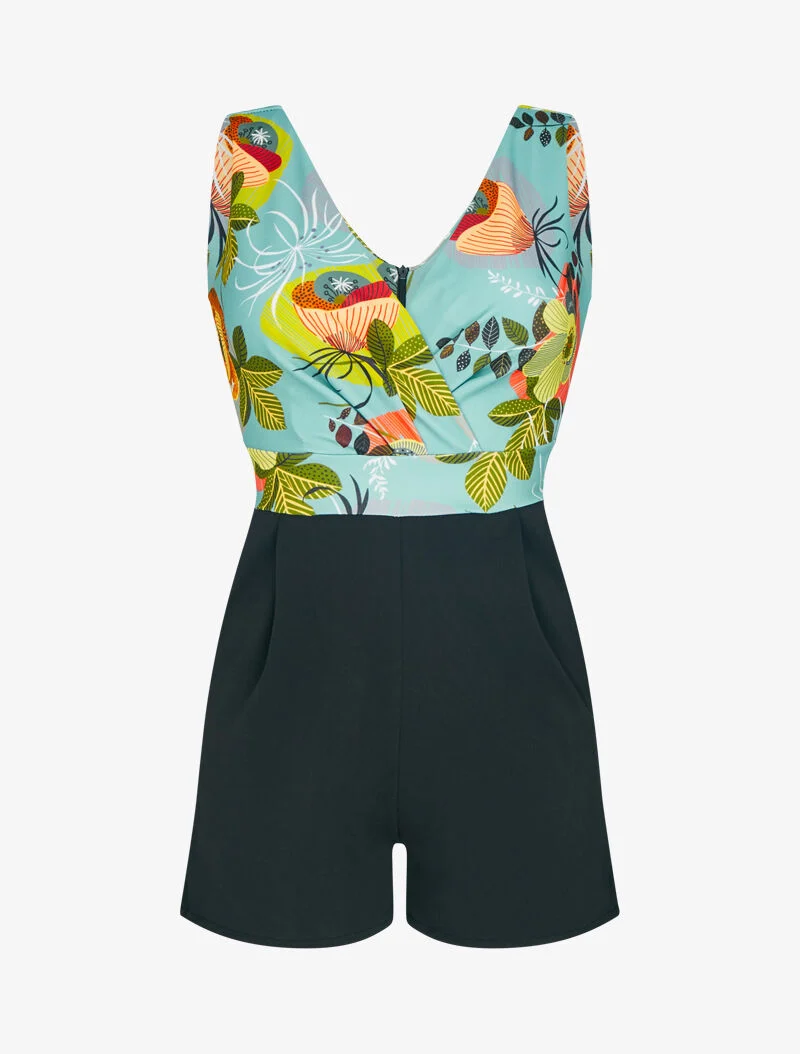 Blumenbedruckter Jumpsuit mit Oberteil - Türkis