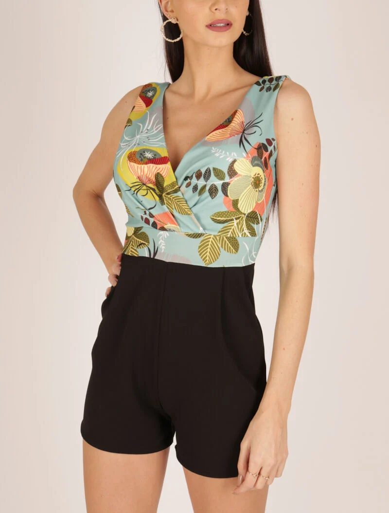 Blumenbedruckter Jumpsuit mit Oberteil - Türkis