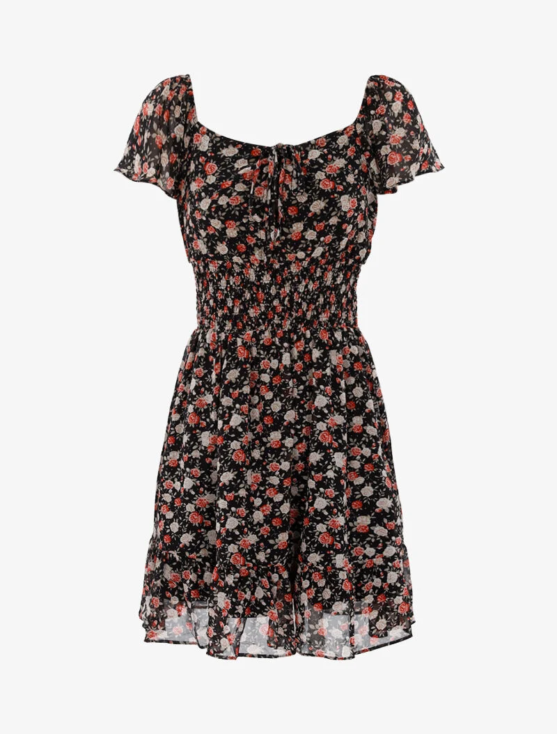 Geblümtes Skaterkleid - schwarz