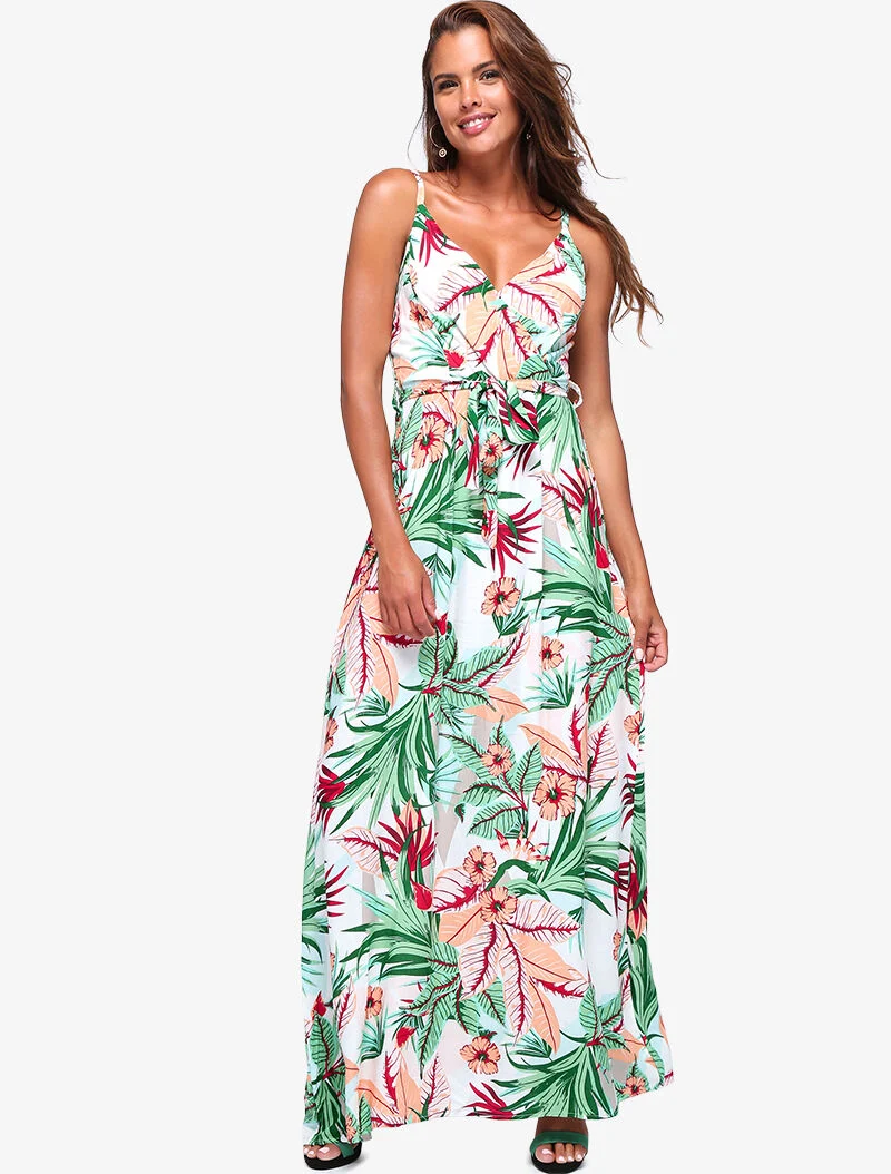 Langes Kleid mit tropischem Druck - Ecru - Ecru