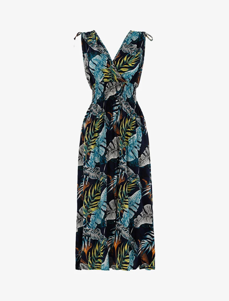 Wickelkleid mit tropischem Print. - Marine