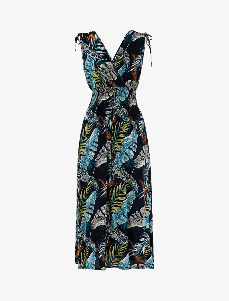 Wickelkleid mit tropischem Print. - Marine