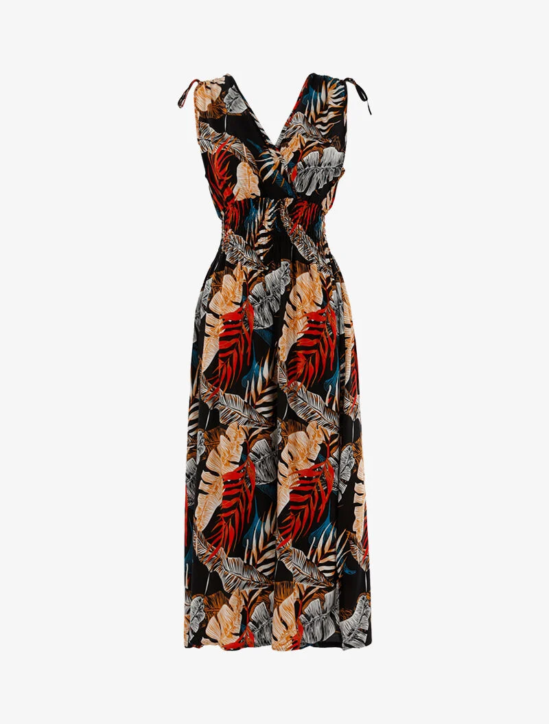Wickelkleid mit tropischem Print. - schwarz