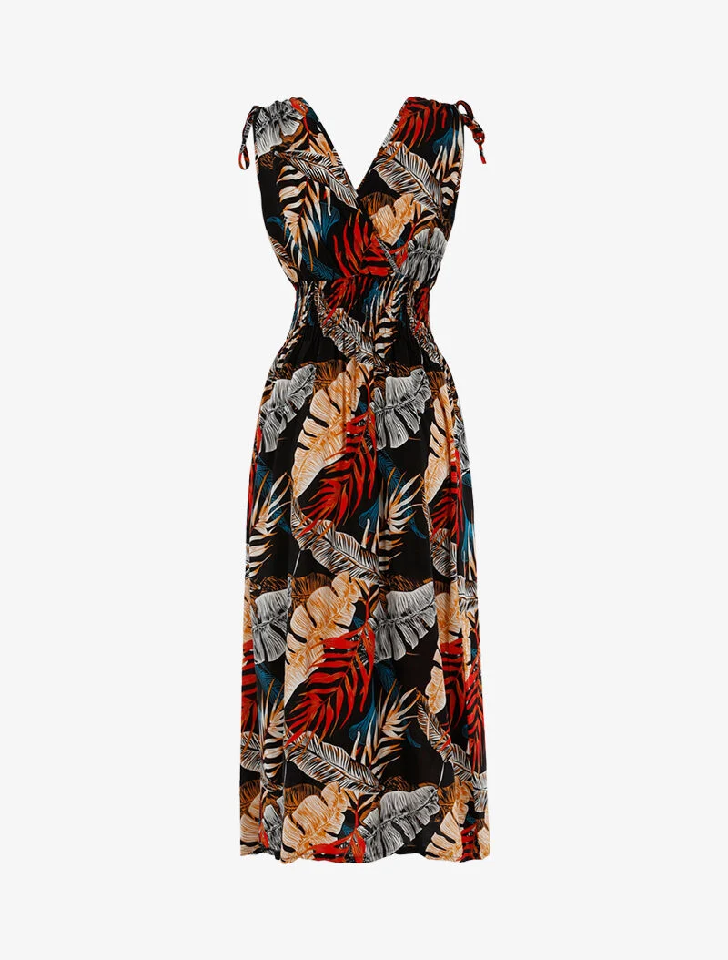 Wickelkleid mit tropischem Print. - schwarz