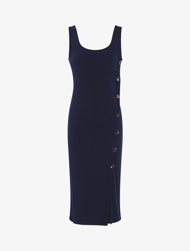 Geripptes Kleid mit schräger Knopfleiste - Marine