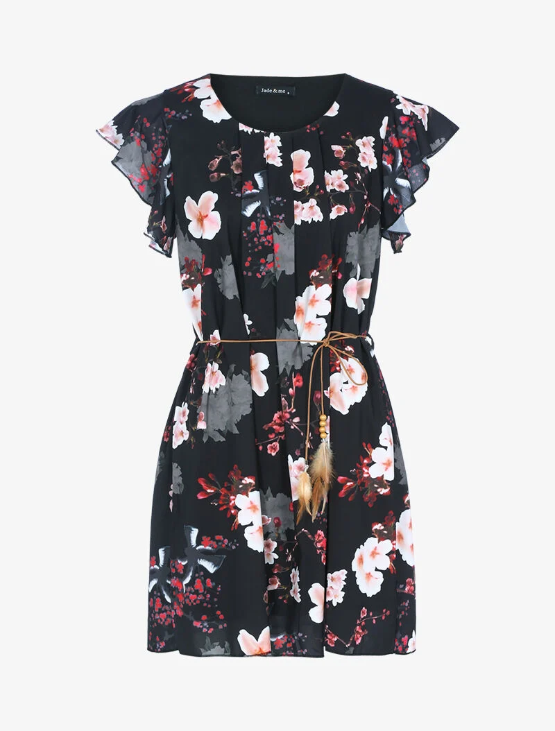 A-Linien-Kleid mit Blumenmuster - schwarz