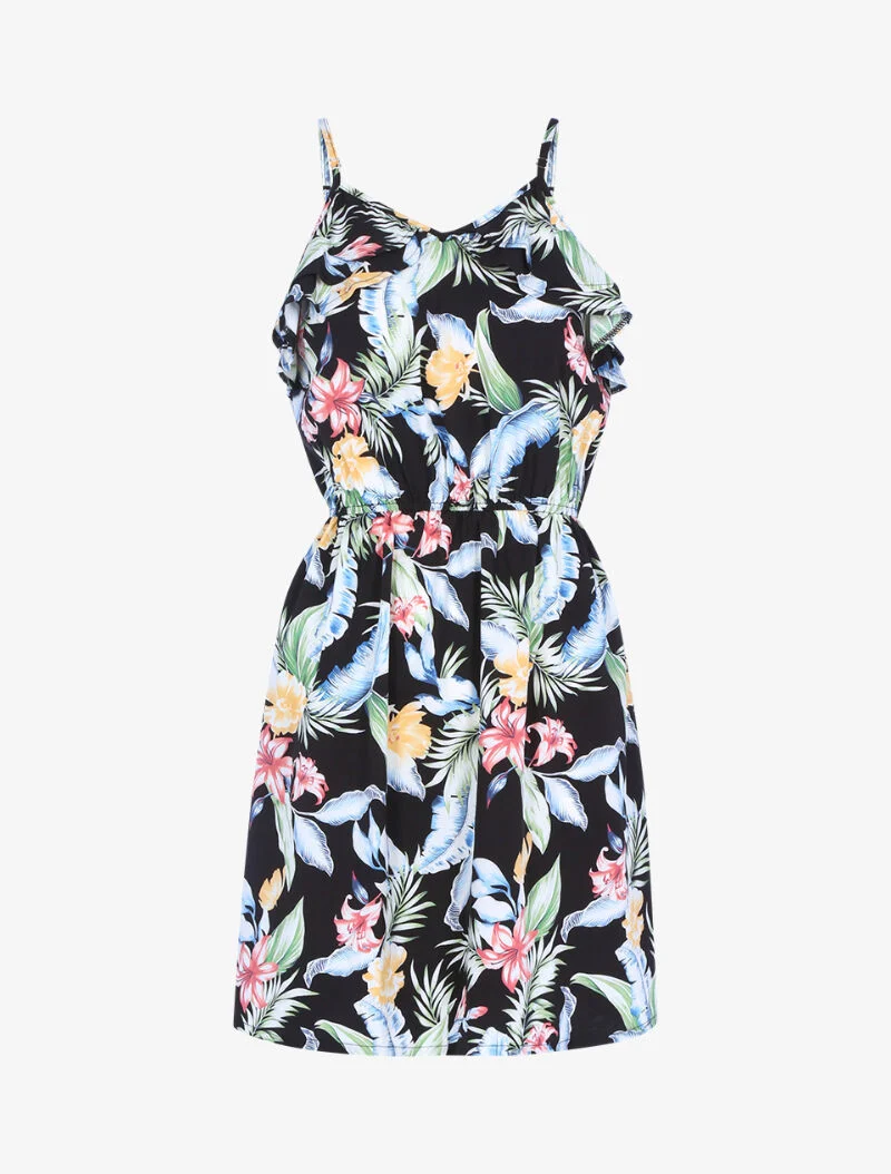 Kleid mit Druck und Rüschenkragen - schwarz
