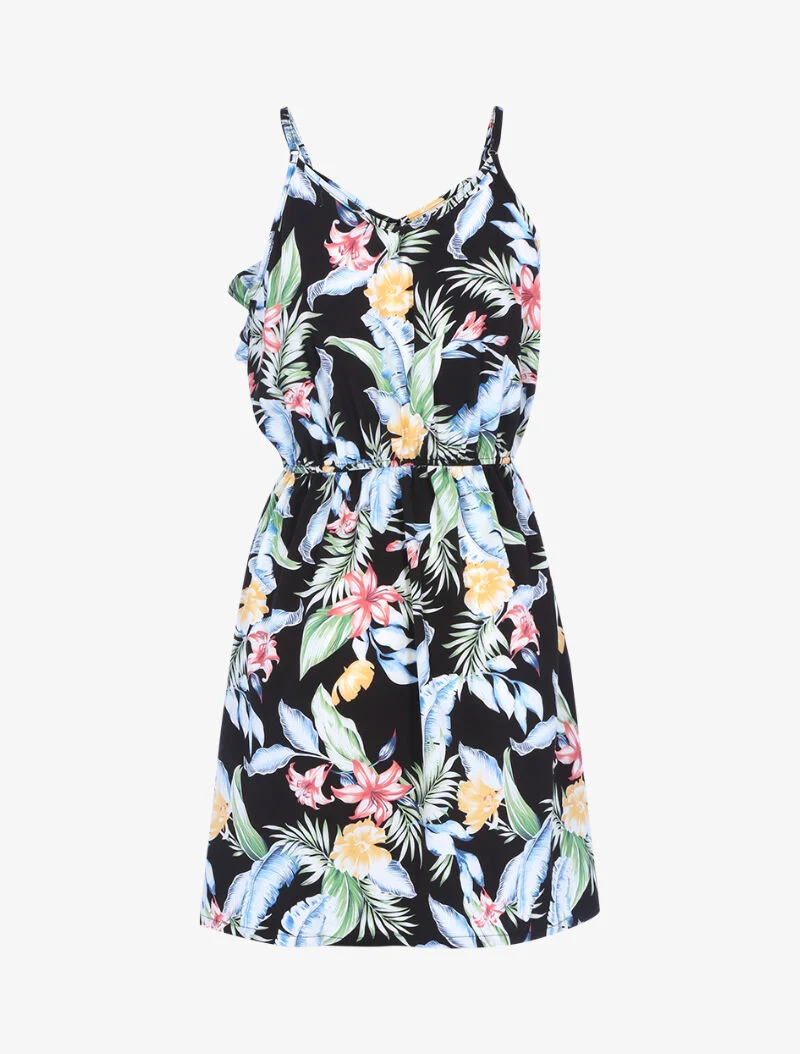 Kleid mit Druck und Rüschenkragen - schwarz