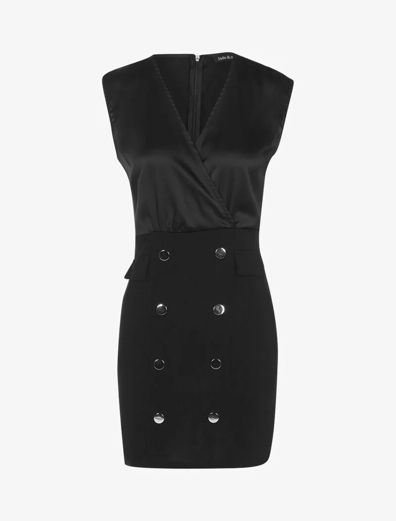 Zweimaterialiges Kleid mit dekorativen Knöpfen - schwarz