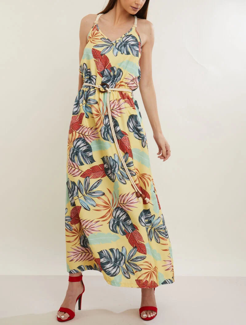Langes Kleid mit tropischem Print - gelb
