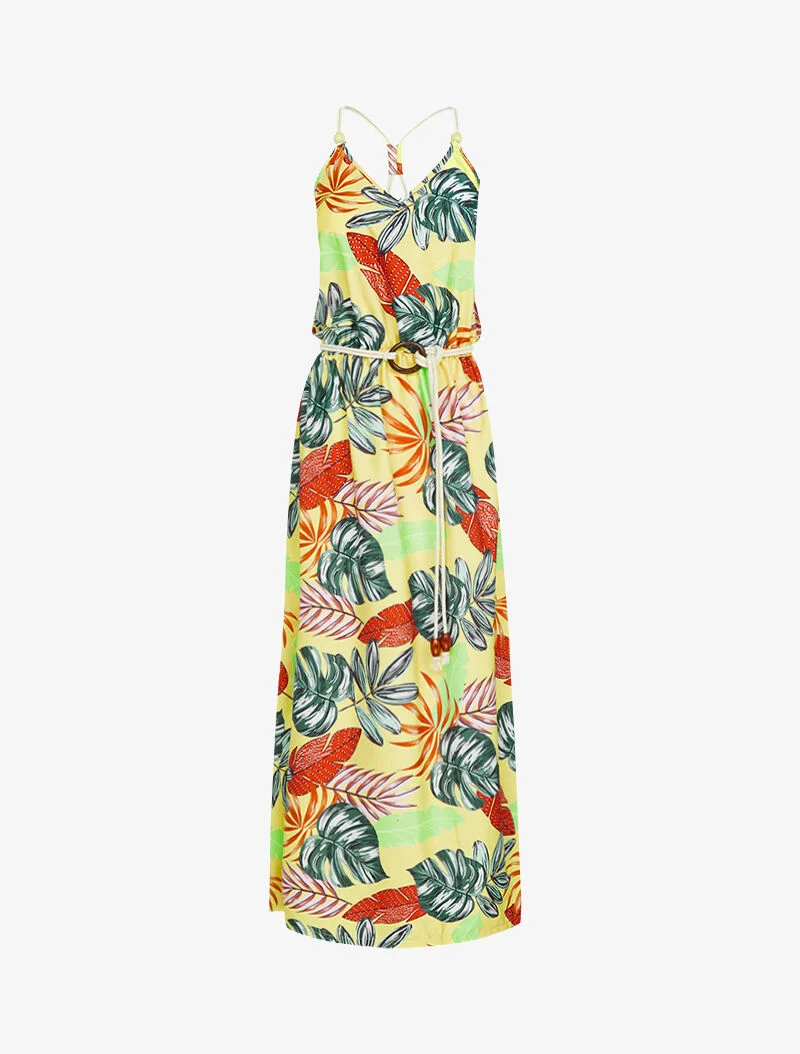 Langes Kleid mit tropischem Print - gelb