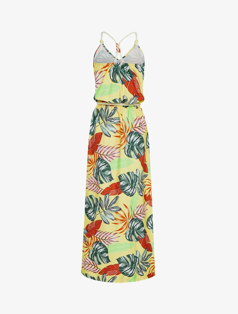 Langes Kleid mit tropischem Print - gelb