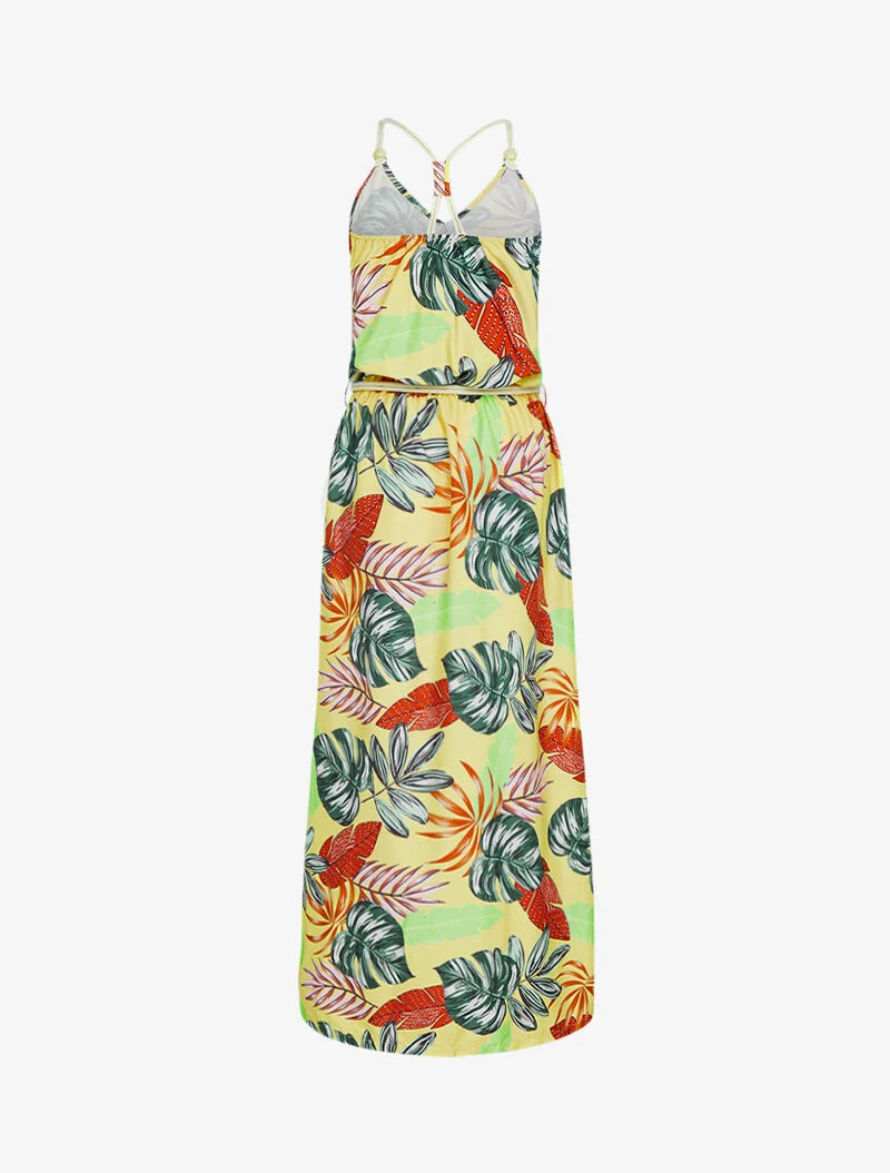 Langes Kleid mit tropischem Print - gelb