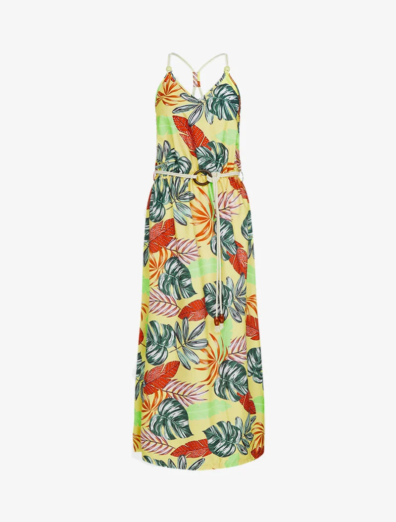Langes Kleid mit tropischem Print - gelb