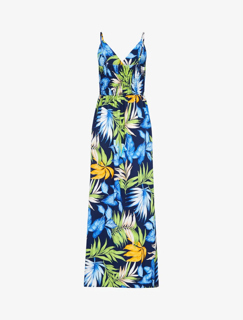 Langes fließendes Kleid mit sommerlichem Print - Marine