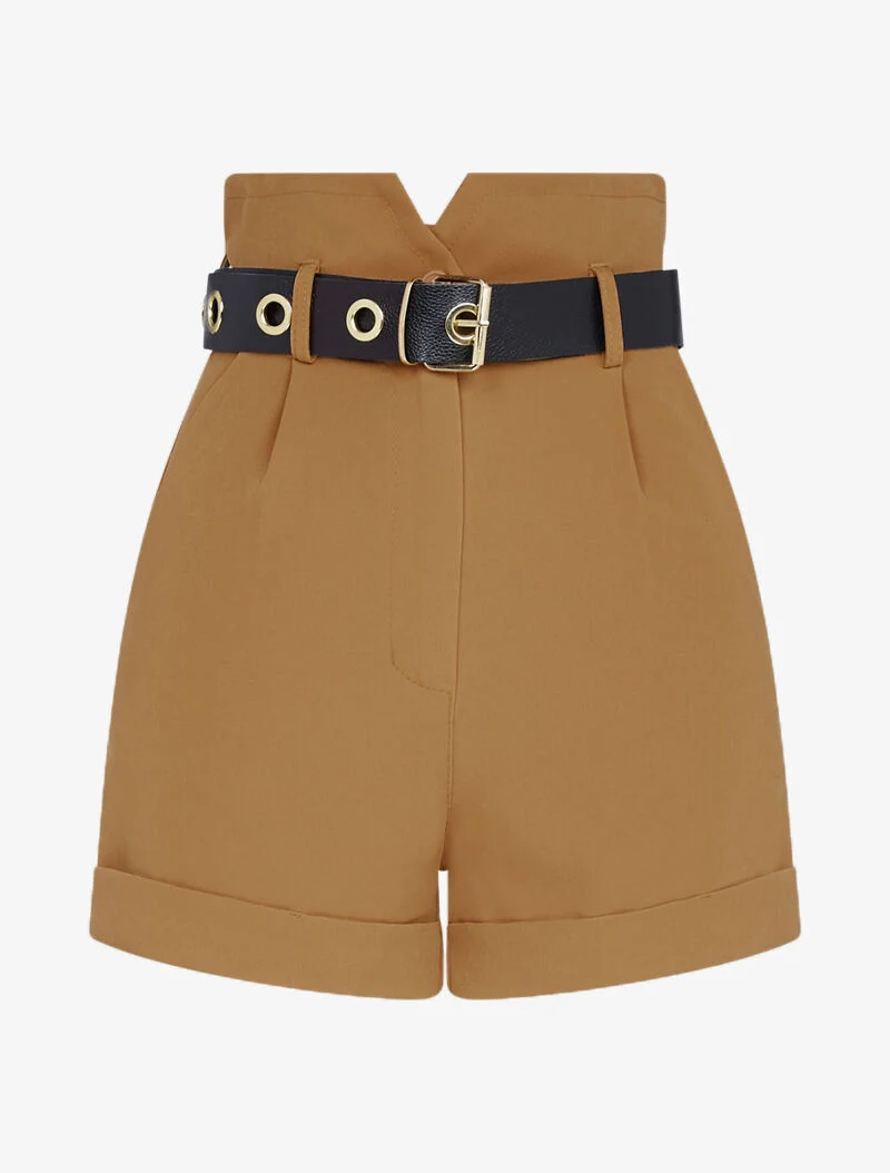 Taillenhose mit hohem Bund und Gürtel - Kamel