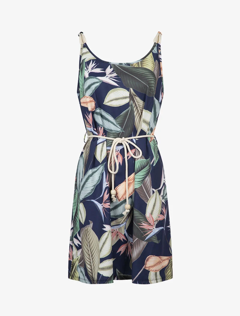 A-Linien-Kleid mit Blätterdruck - Marine
