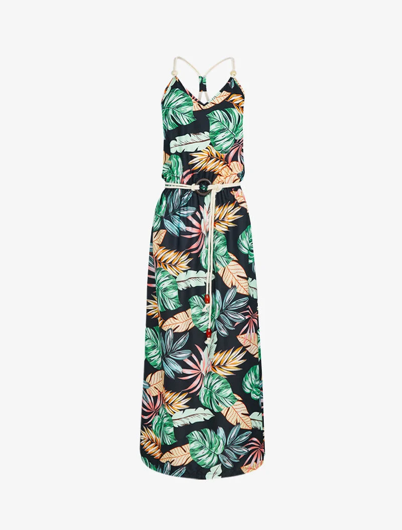 Langes Kleid mit tropischem Print - schwarz