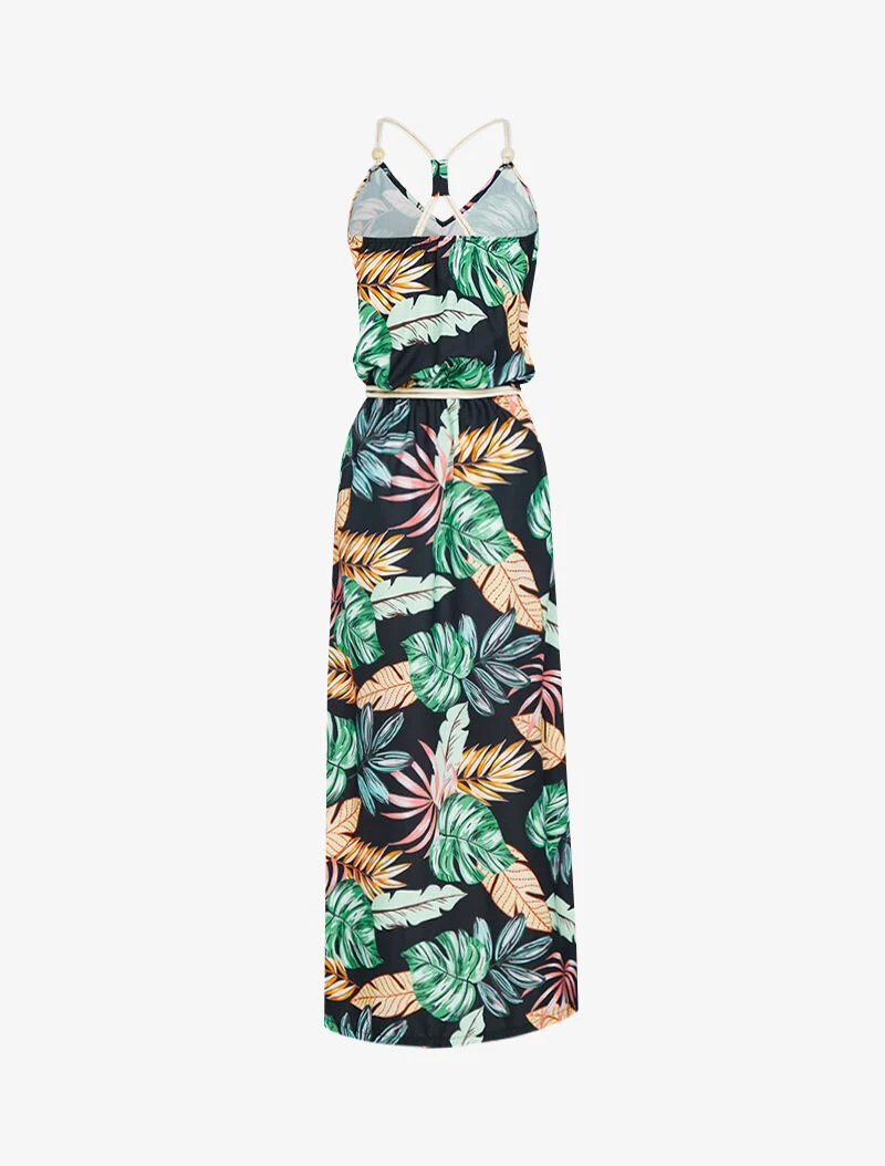Langes Kleid mit tropischem Print - schwarz