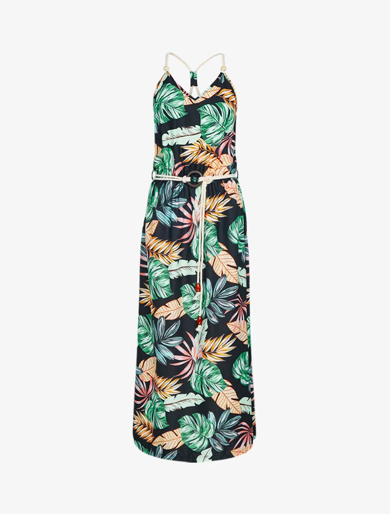 Langes Kleid mit tropischem Print - schwarz