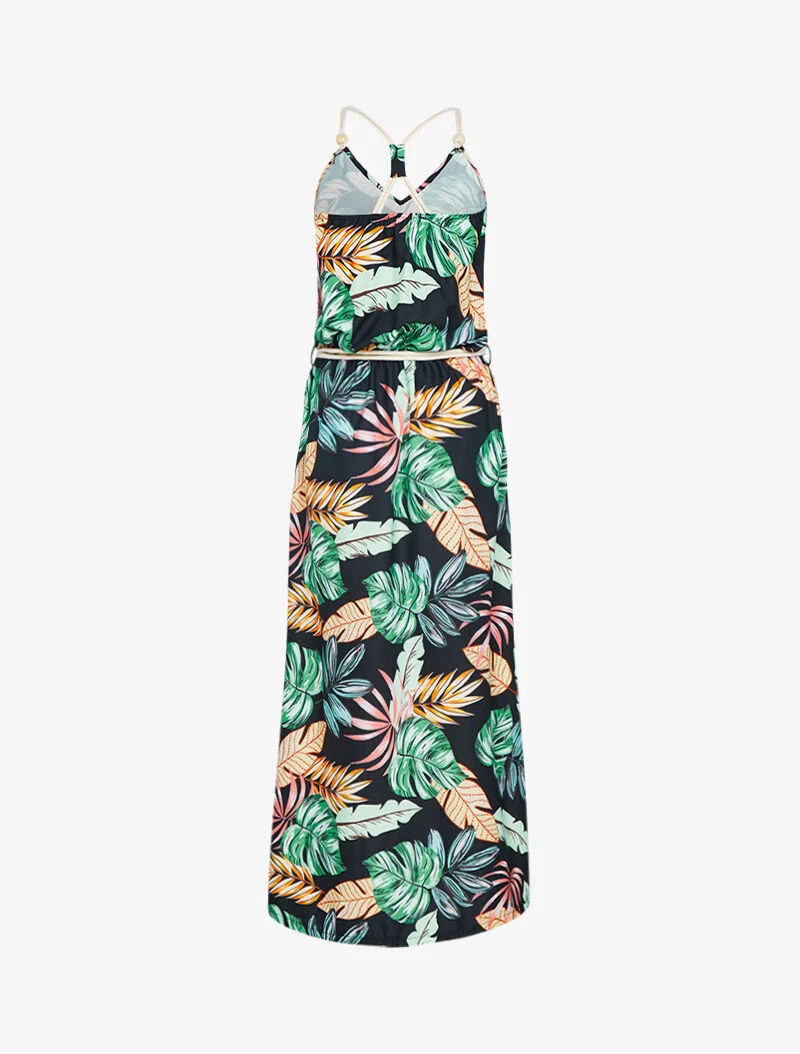 Langes Kleid mit tropischem Print - schwarz