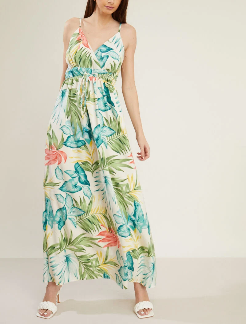 Langes fließendes Kleid mit sommerlichem Print - Ecru