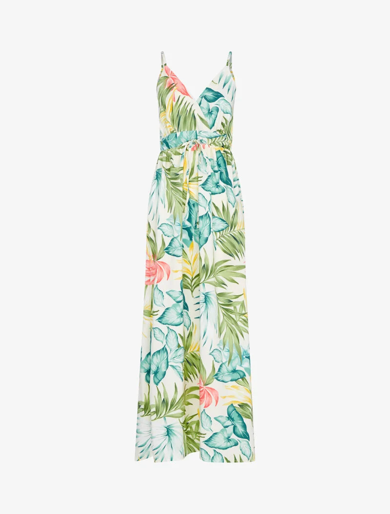 Langes fließendes Kleid mit sommerlichem Print - Ecru